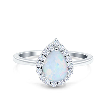 Teardrop Halo Art Deco Pear Wedding Ring Lab Created White Opal 925 Sterling Silver
